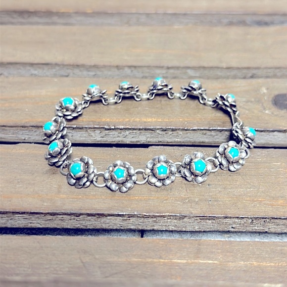 12 DOC🎄 Taxco turquoise blue gemstone flower design sterling silver 925 bracelet - Picture 1 of 6